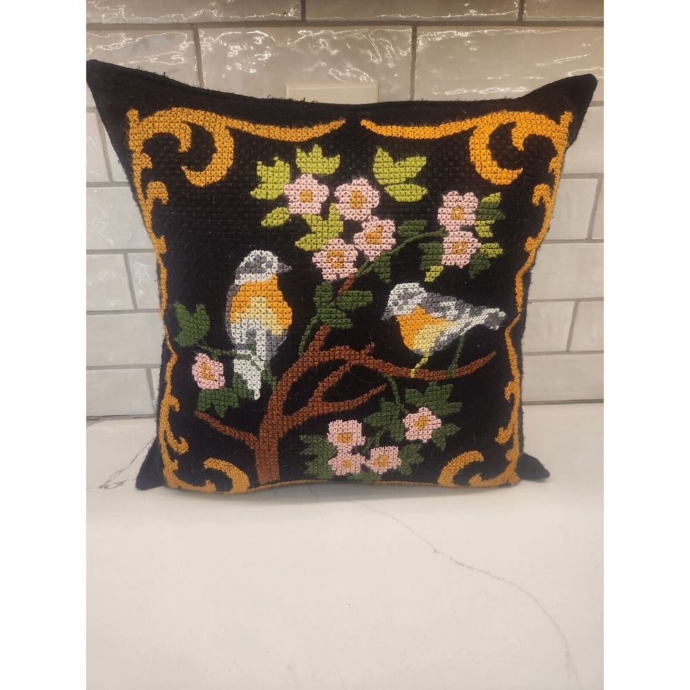 Vintage 2 Birds In A Tree Pink Flowers Black Handmade Square Throw Pillow